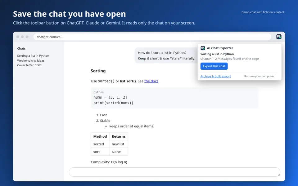 AI Chat Exporter saving a chat