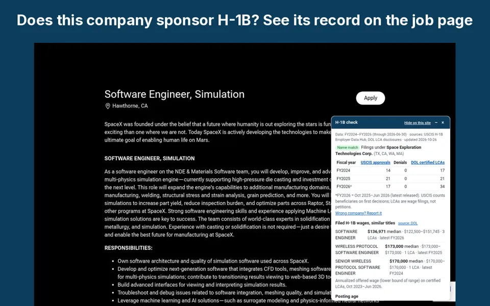 H1B Sponsor Checker panel on a job page